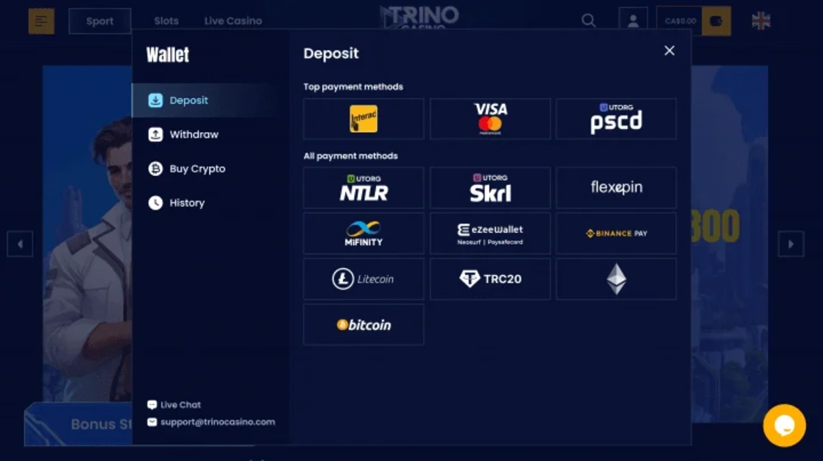 Trino-casino uk  payments & contact us